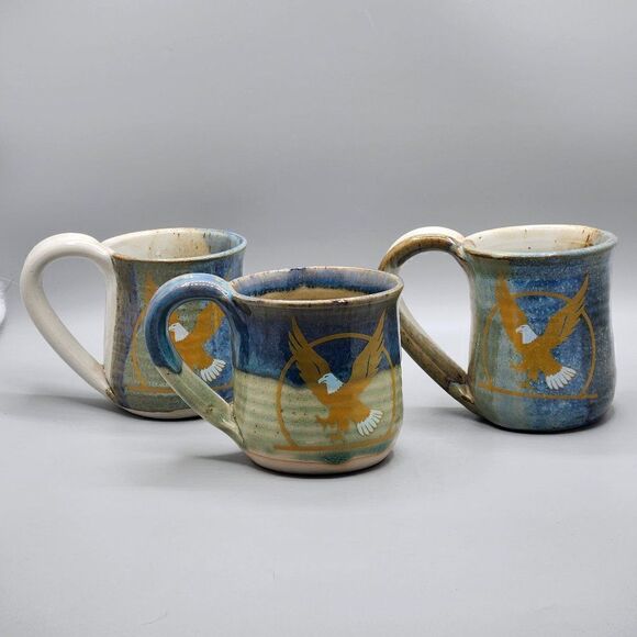 Studio Pottery Mug Thumb Rest Blue brown Drip Glaze Signed Eagle Lot Of 3 - Picture 1 of 7